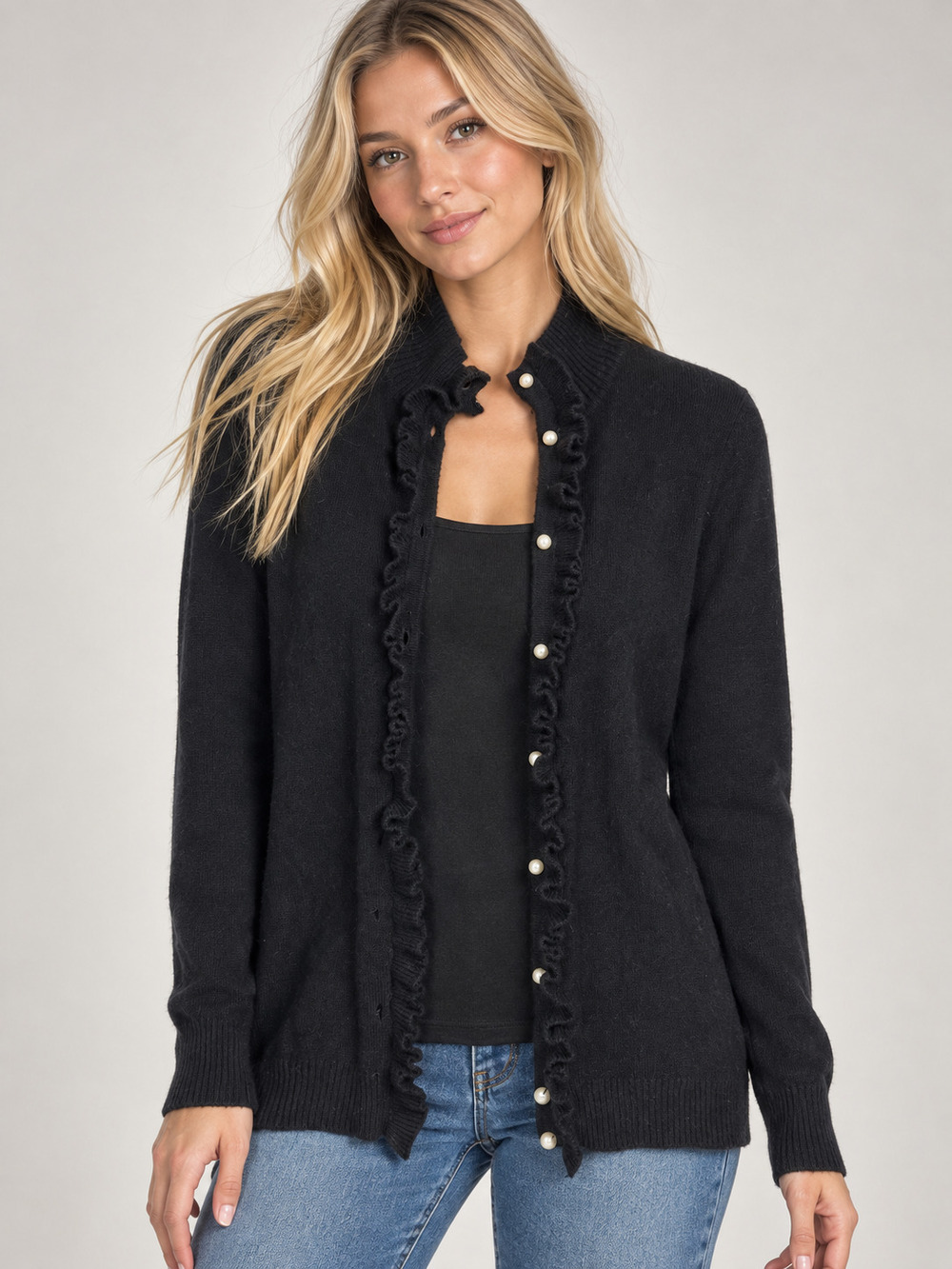 McDuff Ruffle Cardigan Black Cashmere S #A6522